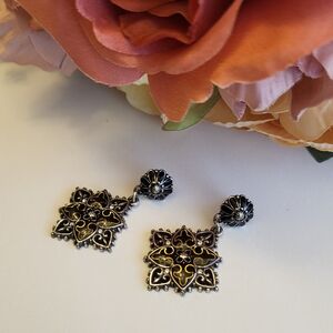 Brighton Earrings Retired Toledo Alto Noir Square Cross Enamel Silvertone 1 1/2"